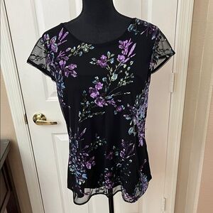White House Black Market Black and Purple Floral Blouse